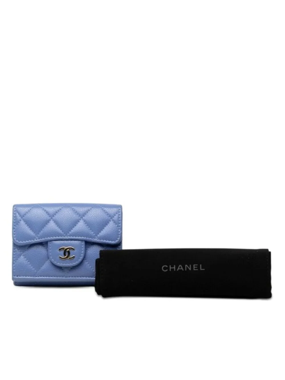 Chanel CC Logo Quilted Trifold Wallet Compact Blue Gold Caviar Leather
